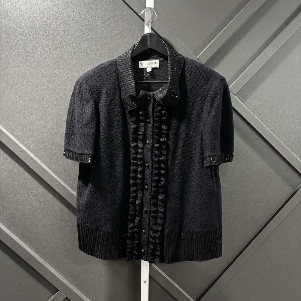 St. John Evening Black Knit Ruffle Short Sleeve Cardigan Jacket Size 16